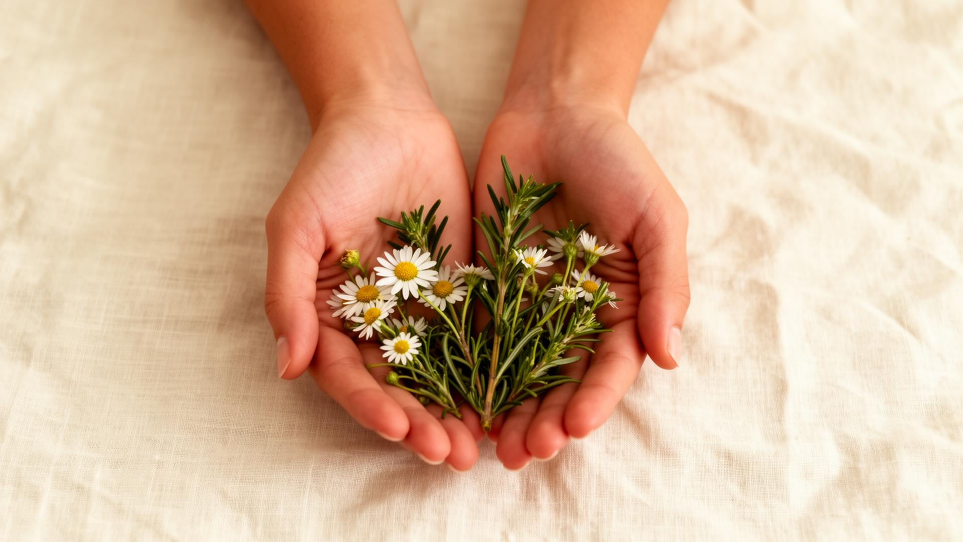 Hands cupping wildflowers